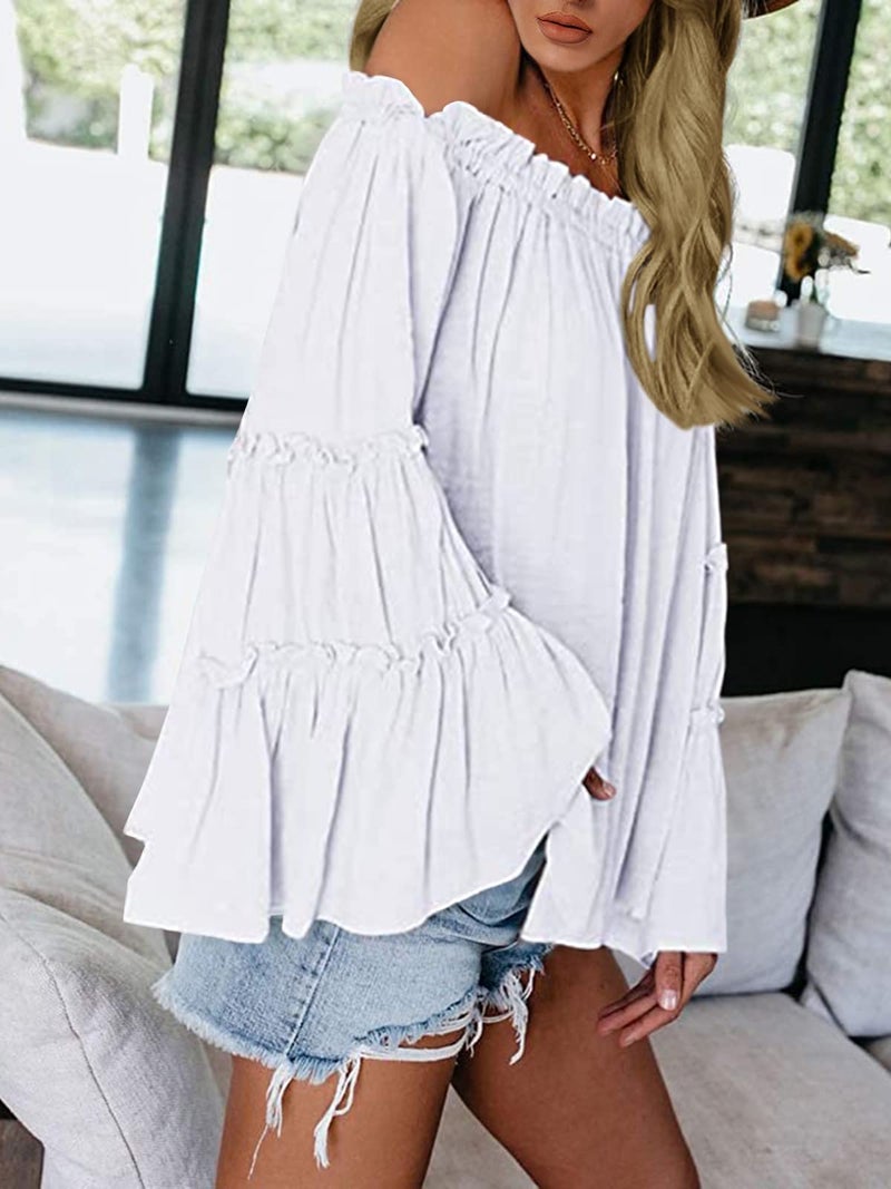 Farktop Womens Off The Shoulder Long Bell Sleeve Tops Flared Casual Loose Blouse (Z White, Small) - Image 3